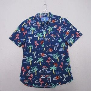 Chubbies Friday Shirt Men Medium Blue Neon‎ Lights Vacation Palm Tree Flamingo